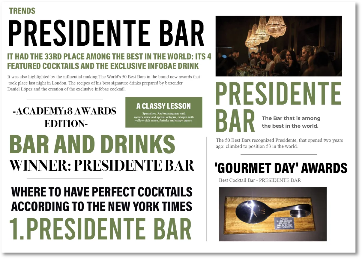 Press coverage and testimonials about Presidente Bar